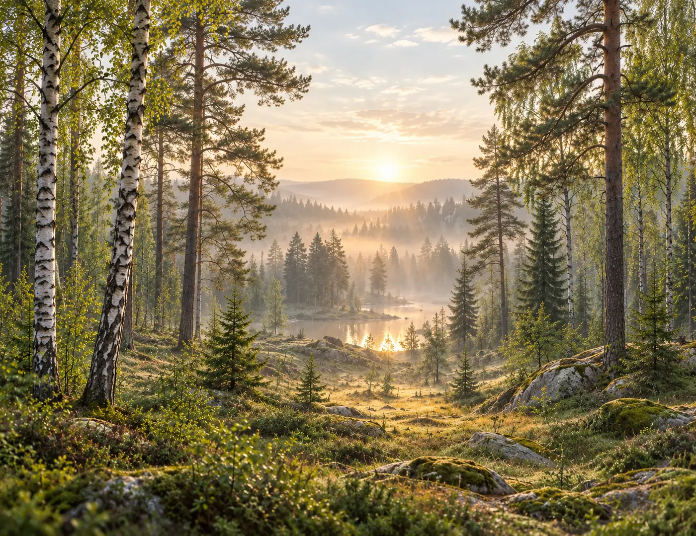 Birken und Kiefern an einem Waldsee, durch den Nebel fällt warmes Morgenlicht