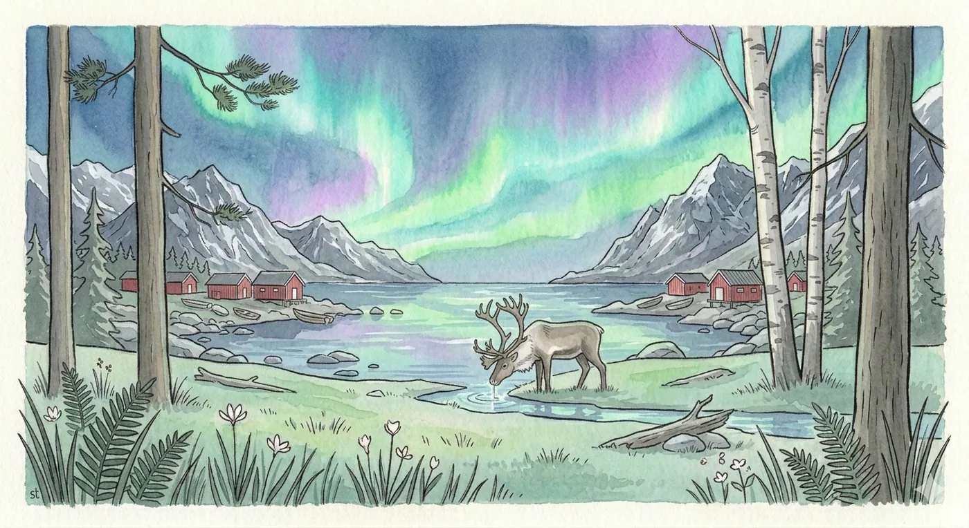 Ein Rentier am See unter dem Nordlicht – Motiv für Skandinavischer Stil als Fototapete