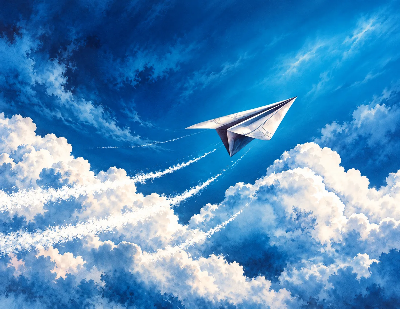 Ein Papierflieger gleitet durch den blauen Himmel über einer Wolkendecke.