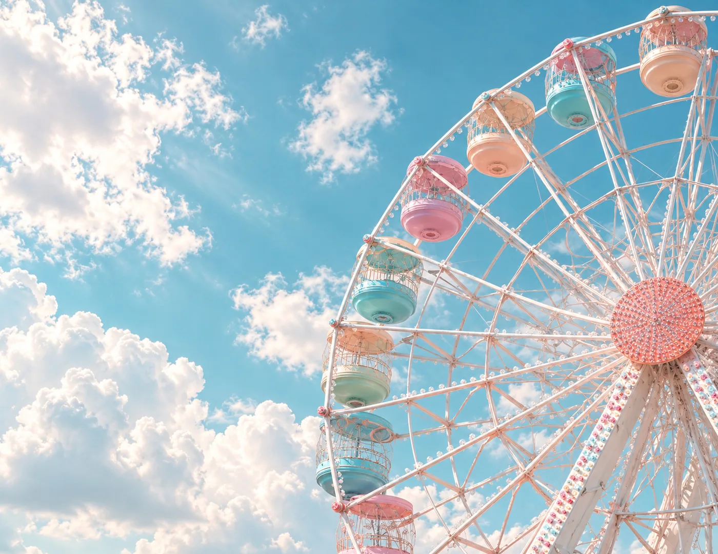 Ein Riesenrad in zarten Pastelltönen steht vor blauem Himmel mit einzelnen Wolken.