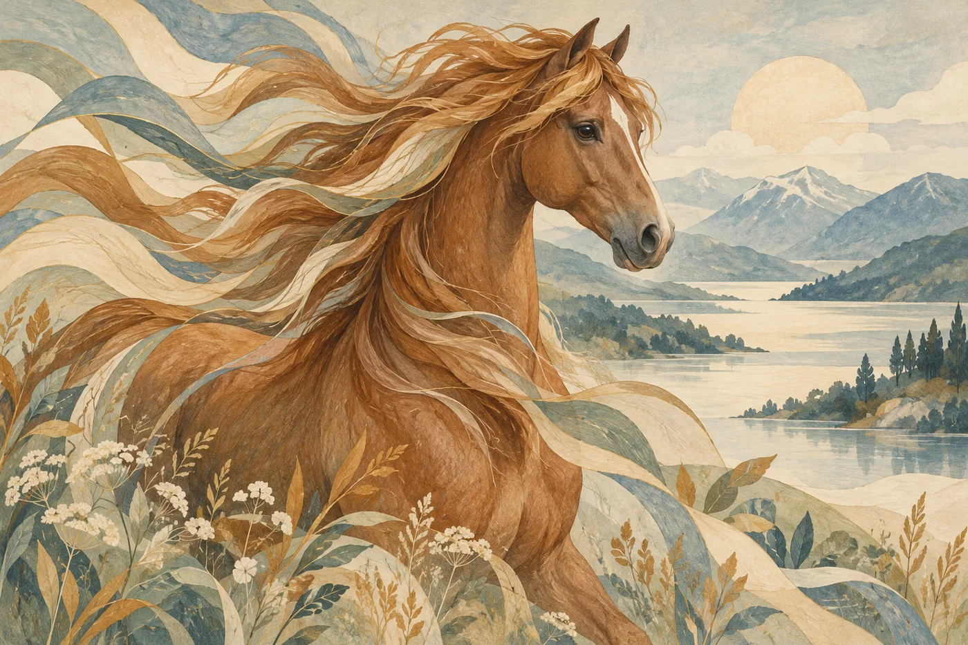 Pferd mit langer wehender Mähne vor Seen, Bergen und Sonne, gemalt in goldbraunem Aquarell