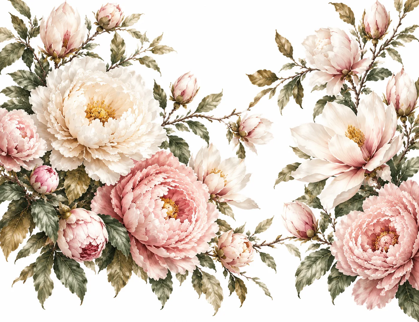 Üppige Pfingstrosen und Knospen in Rosé und Creme auf hellem Hintergrund