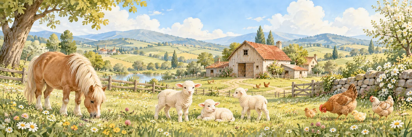 Pony, Lämmer und Hühner auf einer grünen Weide vor einem Bauernhaus in sanfter Hügellandschaft