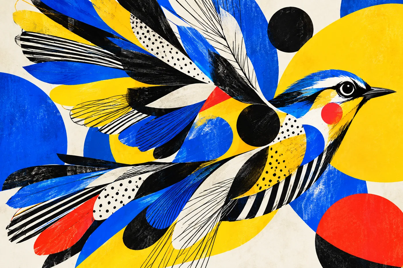Vogel mit gemusterten Federn in Blau, Gelb, Rot und Schwarz mit Punkten und Kreisen