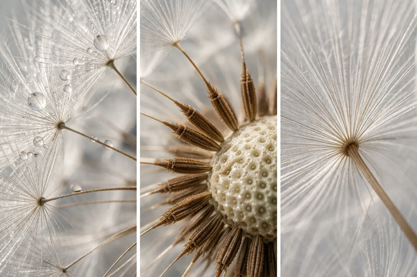 Drei verschiedene Ansichten einer Pusteblume – Motiv für Blumen & Florale Designs als Fototapete