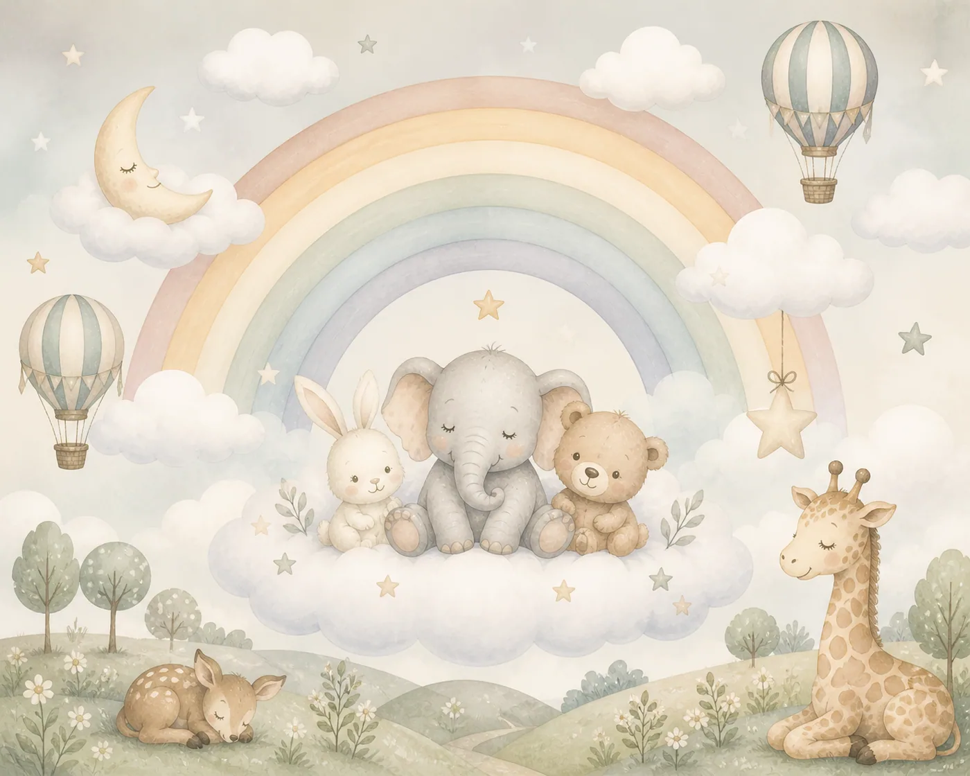 Ein Regenbogen mit Tierfreunden auf einer Wolke in einem friedlichen Kinderzimmer – Motiv für Kinderwelten als Fototapete