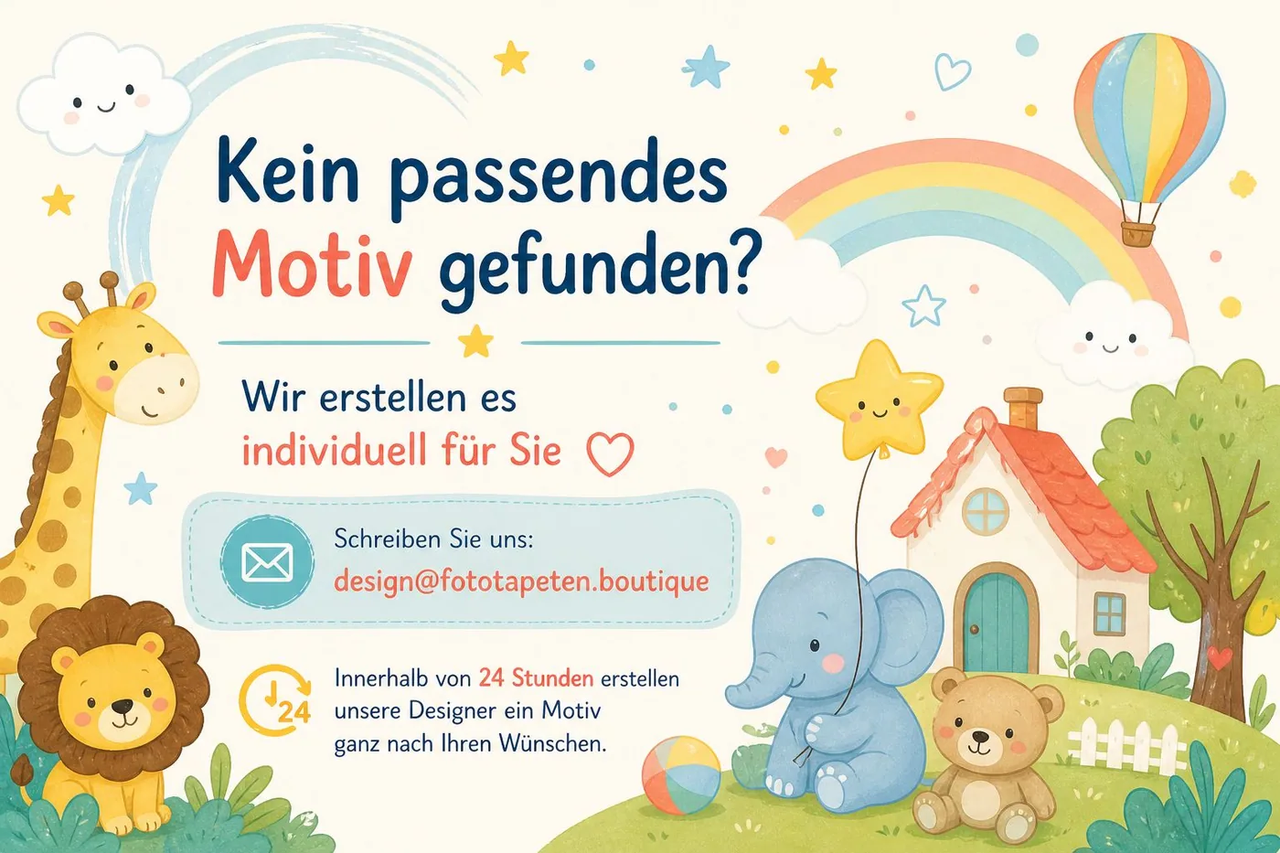 Ein Regenbogen über einem Haus mit Tieren wie einem Elefanten, einem Löwen und einer Giraffe in einem kinderfreundlichen Garten