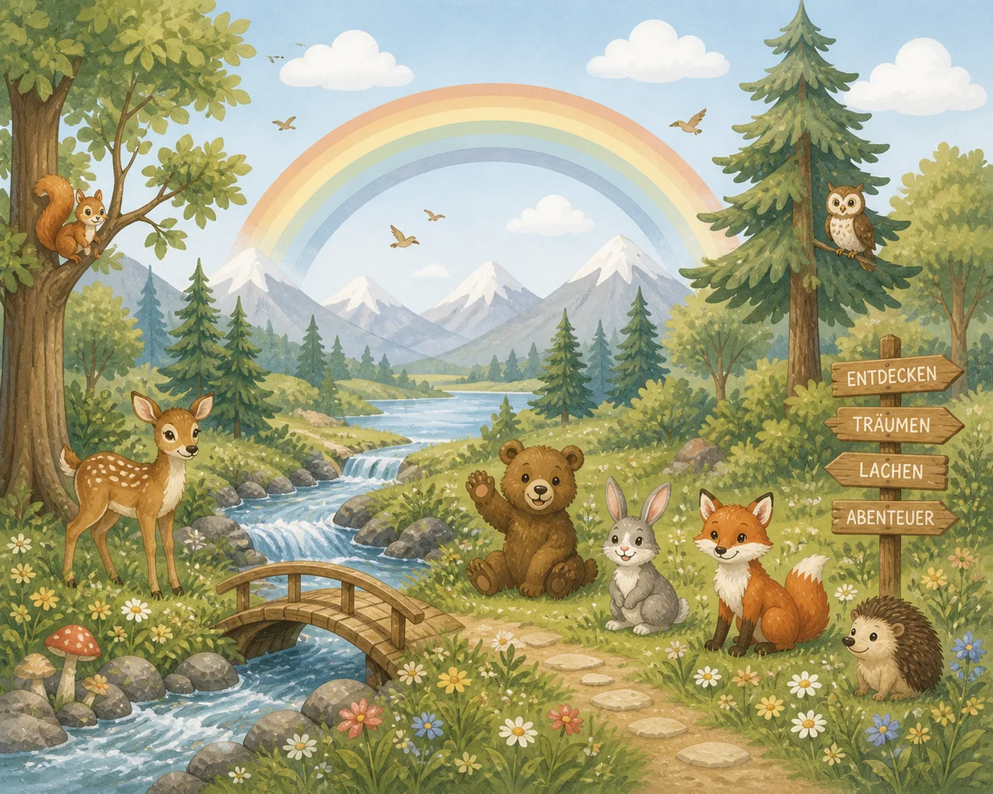 Bunte Fototapete mit einem Regenbogen, einem Wald, einem Fluss und verschiedenen Tierfiguren wie einem Fuchs, einem Hasen und einem Eichhörnchen – Motiv für Kinderwelten als Fototapete