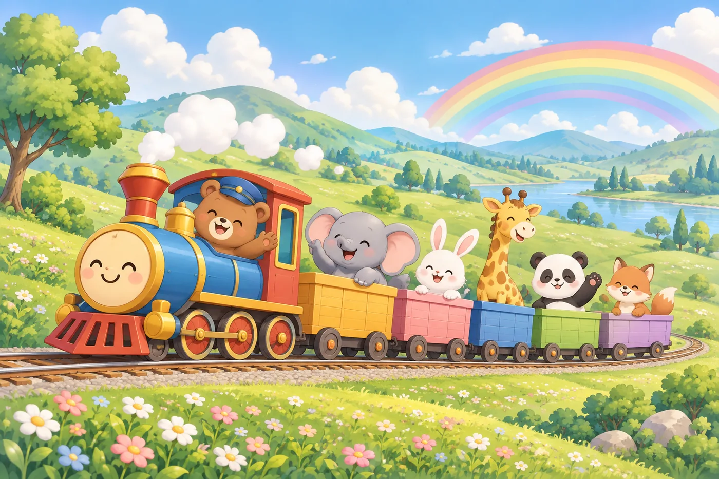 Lächelnde bunte Lok mit Bär, Elefant, Giraffe, Panda und Hase in den Waggons vor einem Regenbogen