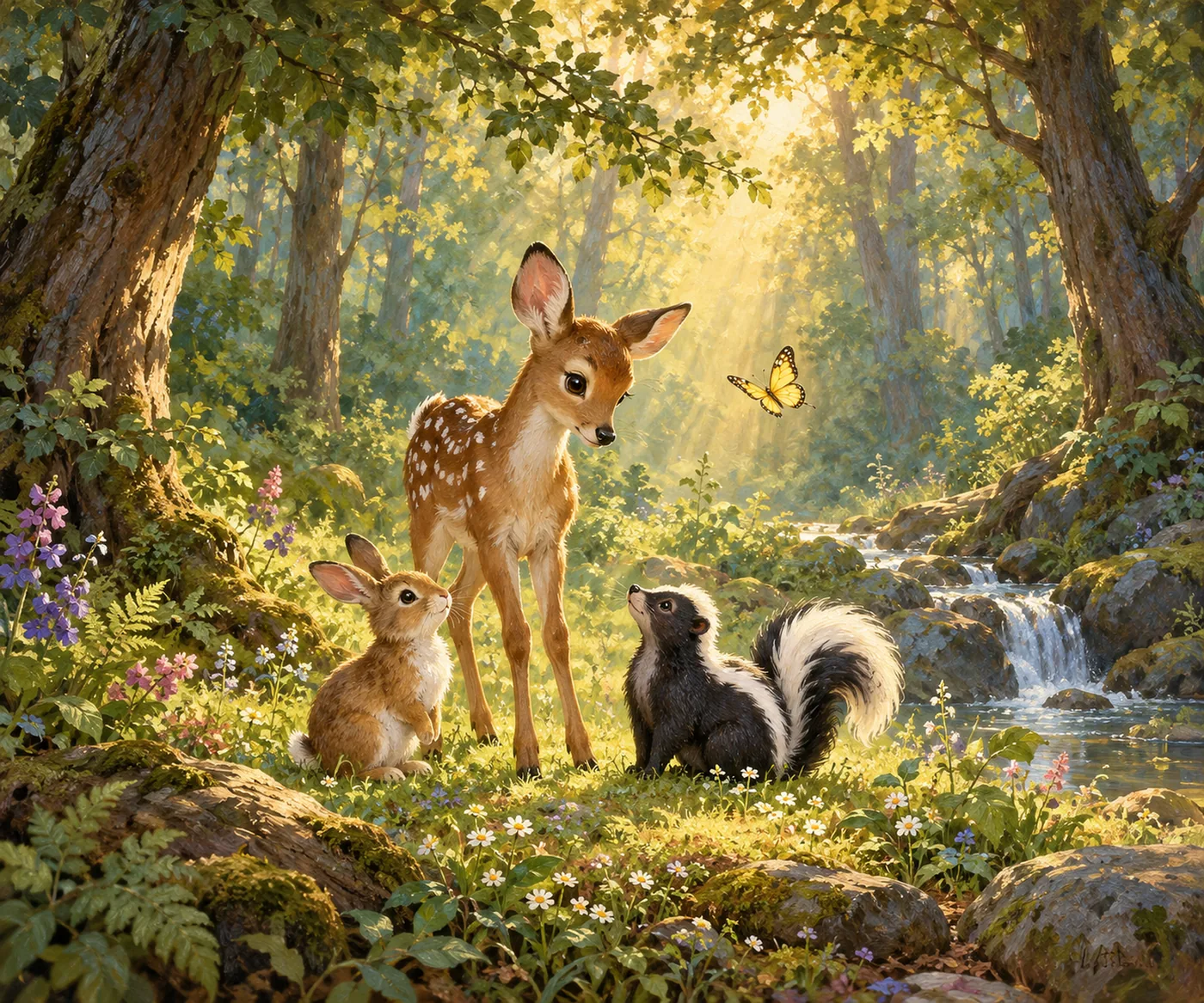 Rehkitz, Hase, Stinktier und Schmetterling sind im Sonnenlicht an einem Waldbach zu sehen.
