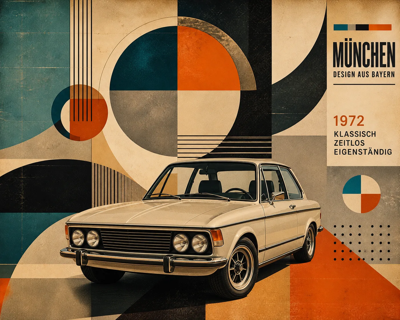 Ein klassisches Auto aus dem Jahr 1972 vor einem abstrakten Hintergrund im Bauhaus-Stil – Motiv für Loft & Industrial Style als Fototapete