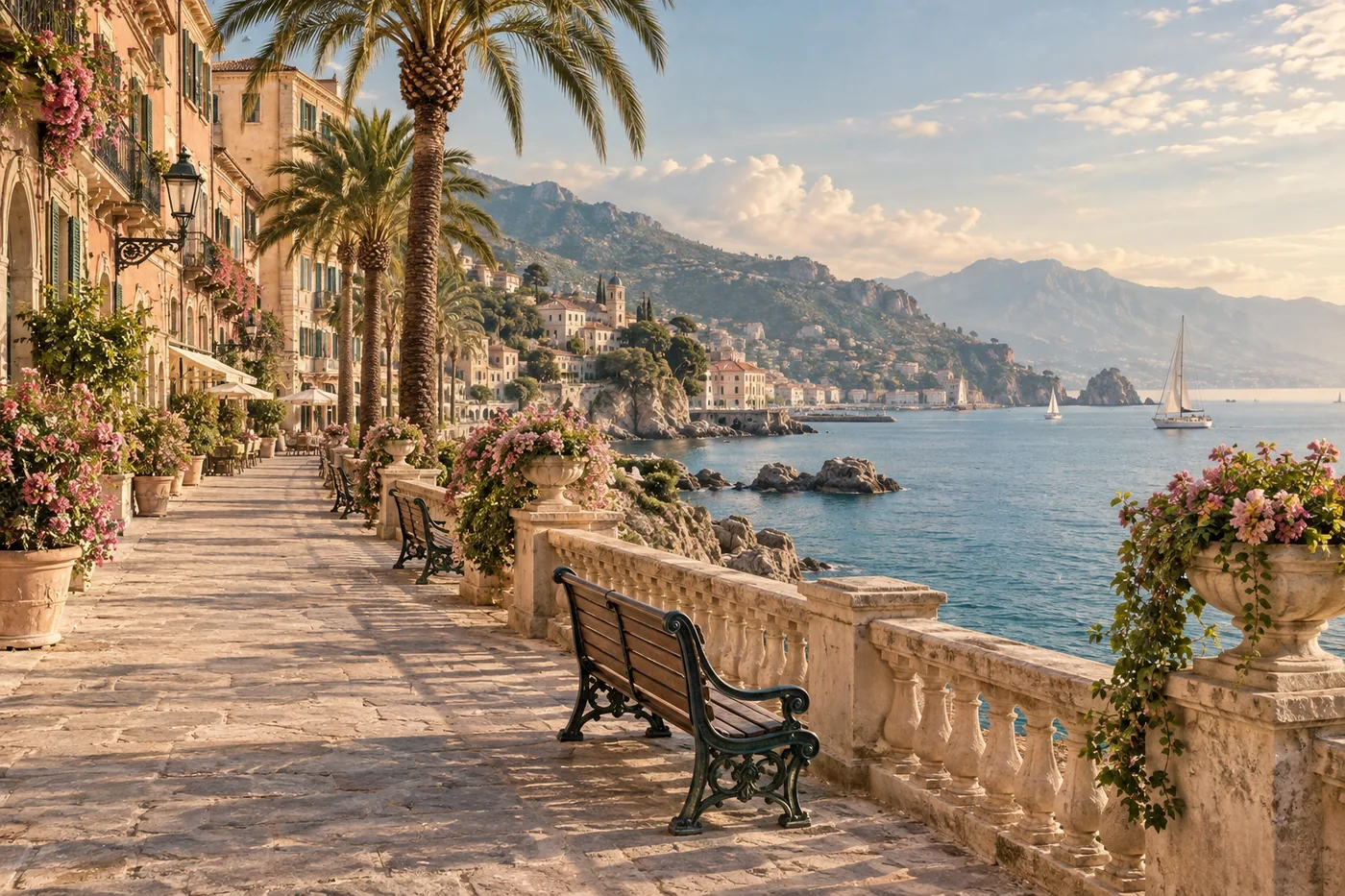 Promenade mit Steinbalustrade, Bank, Blumen und Palmen über dem Meer und einer Küstenstadt