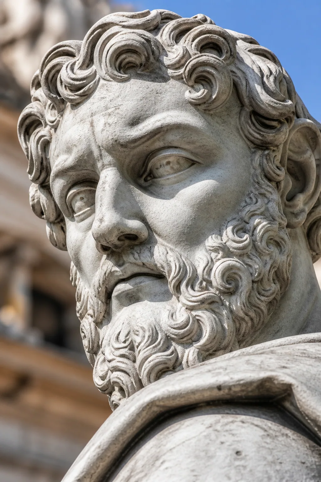 Statue eines römischen Philosophen mit Bart und lockigem Haar – Motiv für Natur & Botanik als Fototapete
