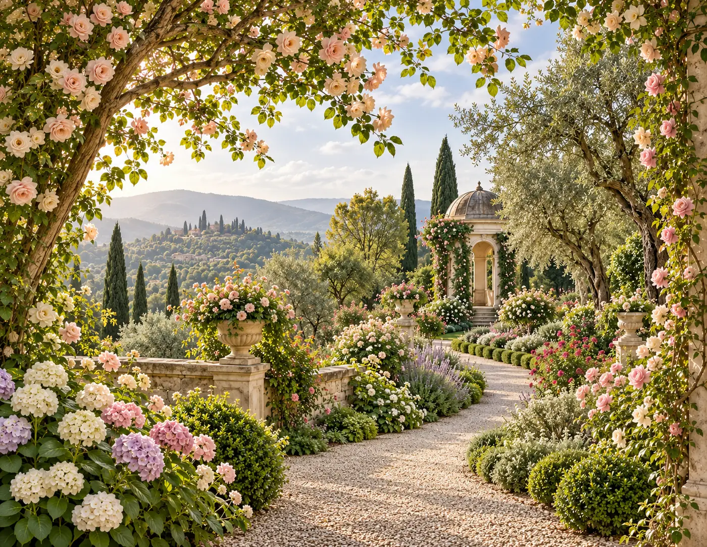 Blühender Rosenbogen über einem Gartenweg mit Hortensien, Zypressen und Pavillon