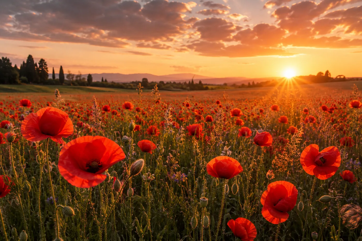 Ein Feld voller roter Mohnblumen bei einem wunderschönen Sonnenuntergang