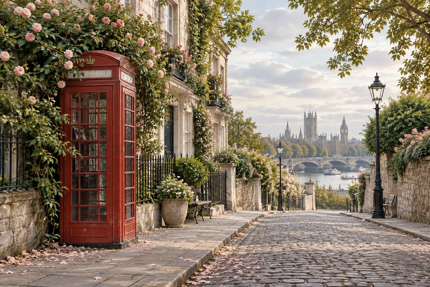Rote Telefonzelle an einer Kopfsteingasse mit Rosen, Laternen und Blick auf die Themse