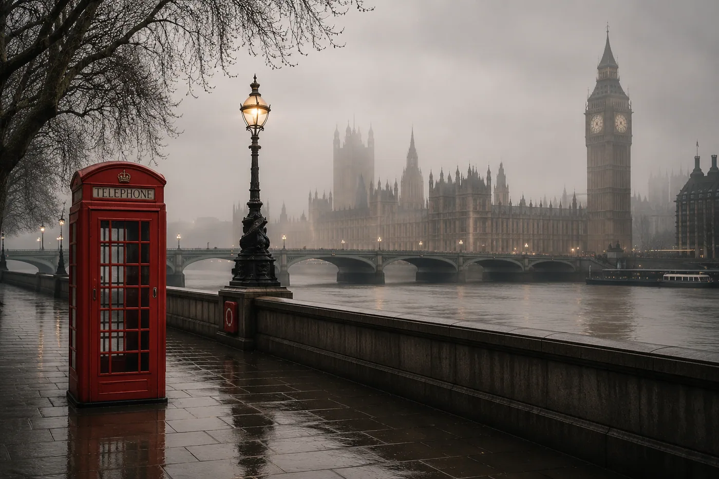 Rotes Telefonkasten am Ufer des Themseflusses in London – Motiv für Natur & Botanik als Fototapete