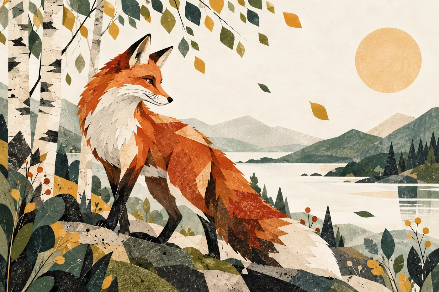 Rotfuchs auf Felsen zwischen Birken mit Herbstlaub, See und Bergen im Papierschnitt-Stil