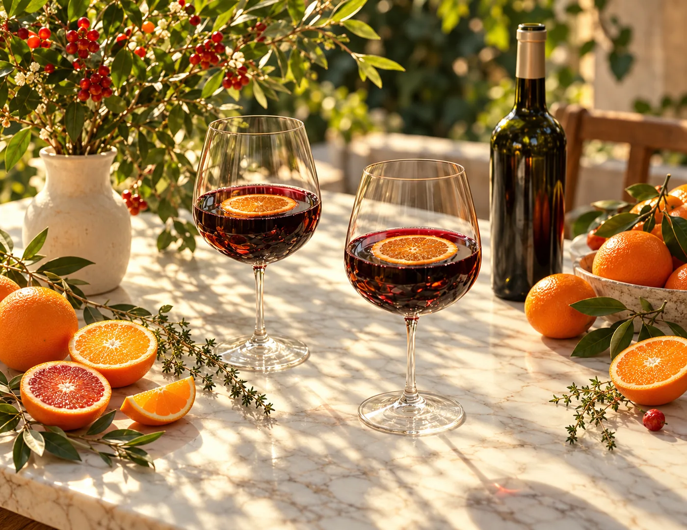 Gläser mit Rotwein, eine Flasche sowie Orangen und Blutorangen auf einem Marmortisch im sonnigen Garten
