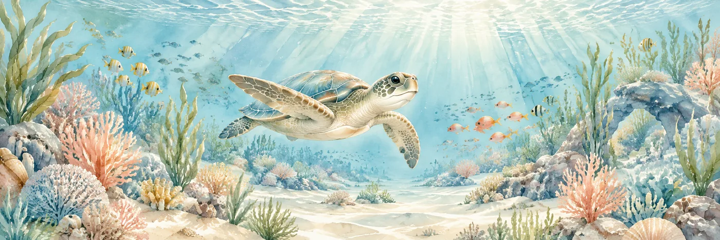 Meeresschildkröte schwimmt über Korallen und Seegras in einer sanften Unterwasserwelt mit kleinen Fischen