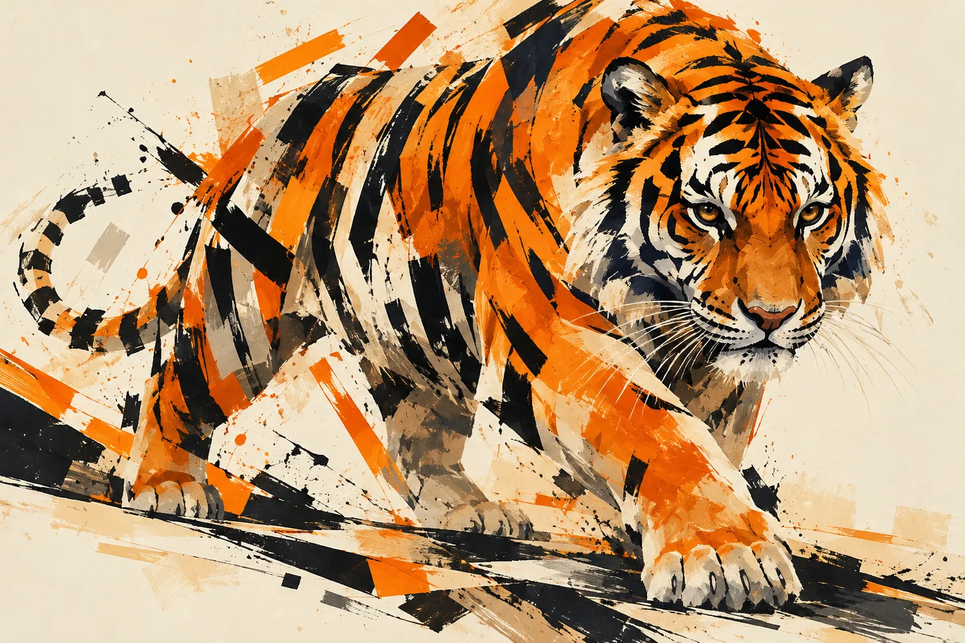 Schleichender Tiger in orangen und schwarzen Pinselstrichen auf hellem Hintergrund