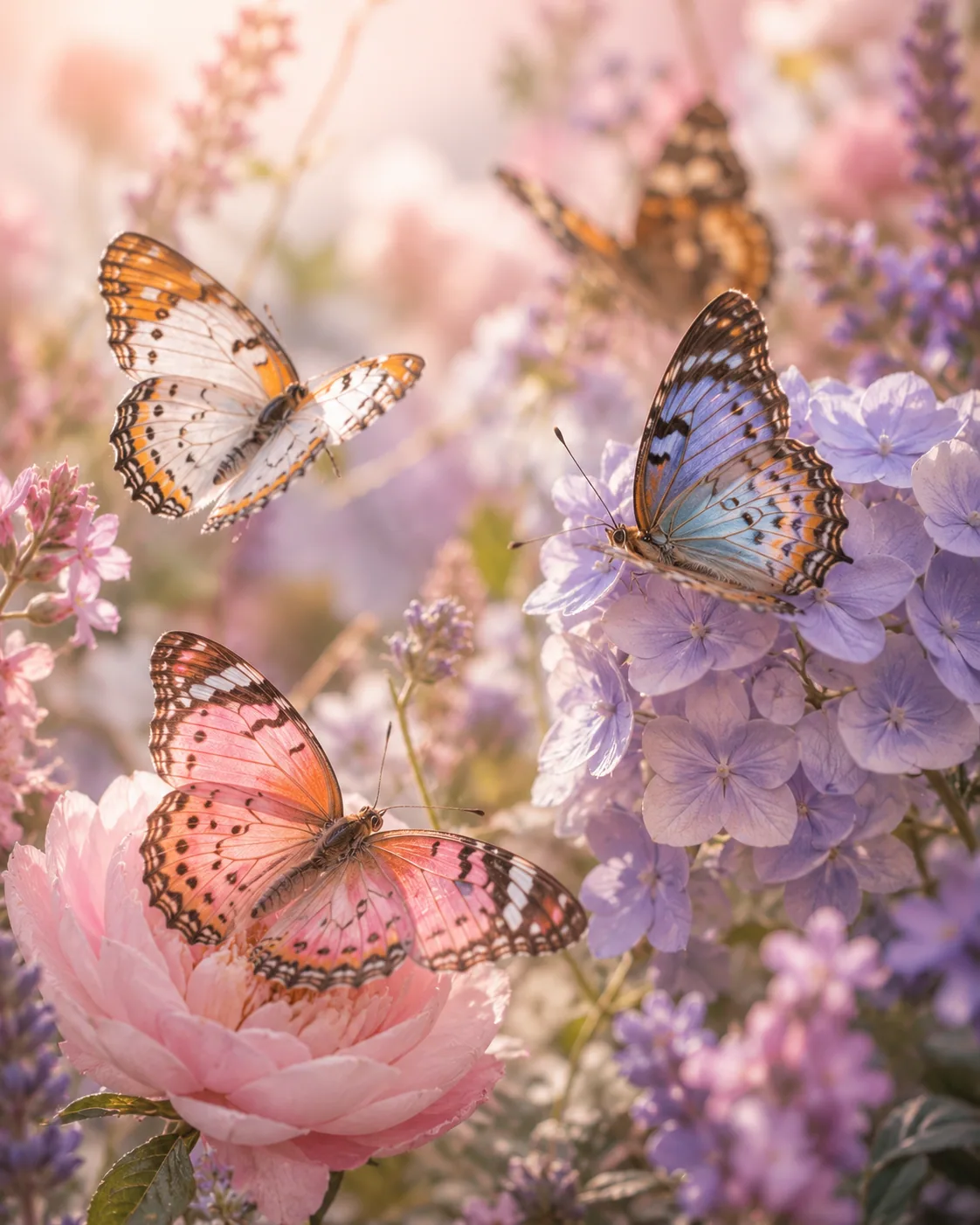 Schmetterlinge auf Hortensienblüten in einem sonnigen Garten – Motiv für Tiere & Wildlife als Fototapete