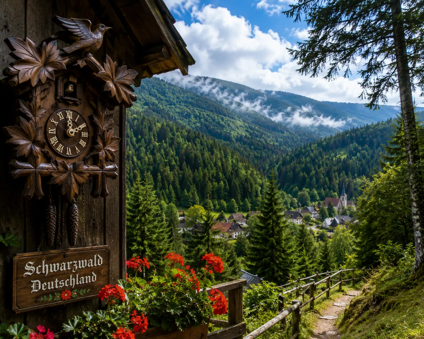 Schwarzwald-Cuckoo-Clock mit Blumen an der Wand – Motiv für Natur & Botanik als Fototapete