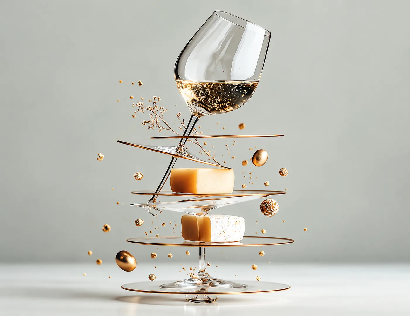 Schwebendes Weinglas mit Weißwein und Käsestücken vor grauem, minimalistischem Hintergrund