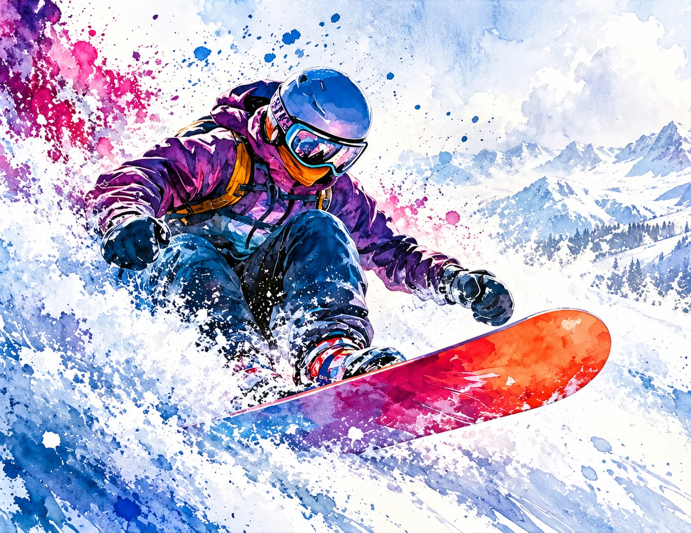 Ein Snowboarder fährt durch Pulverschnee, begleitet von einem Aquarell-Splash in Lila und Rot.