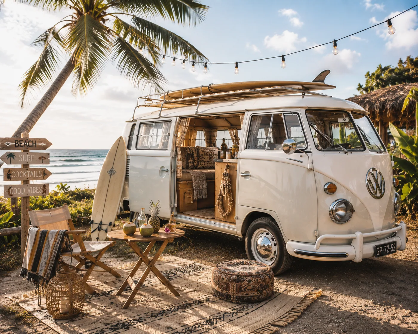 Ein VW-Bus mit Surfbrettern am Strand, umgeben von Palmen und einem Picknicktisch – Motiv für Meer & Küste als Fototapete