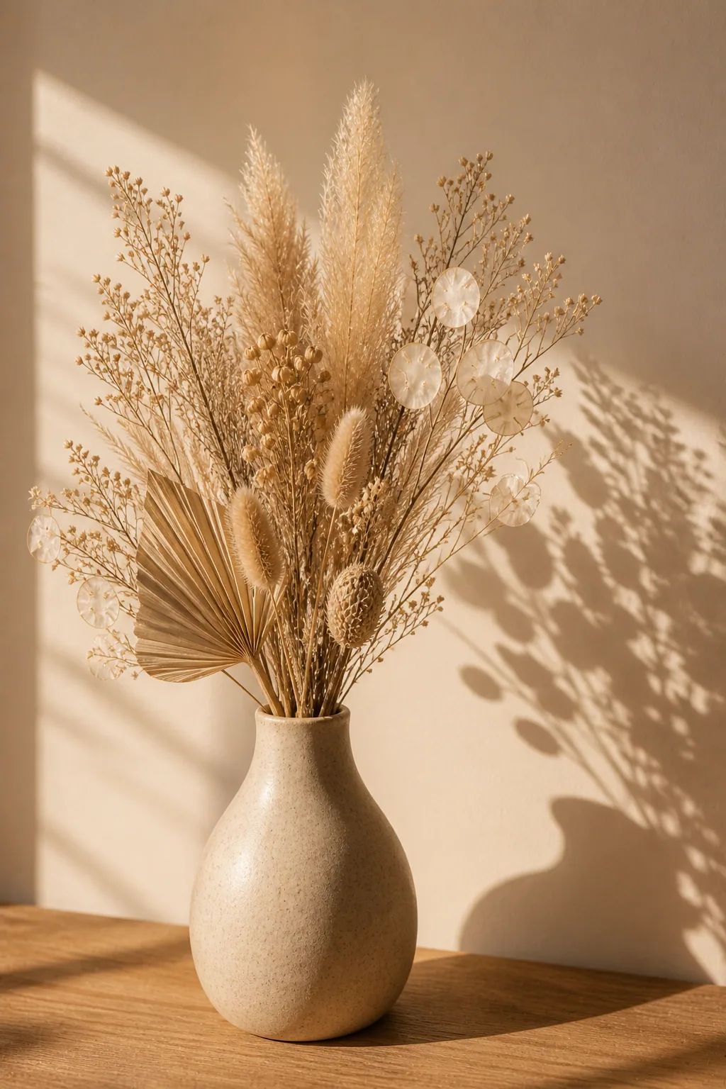 Sonnenlicht fällt auf eine Vase mit Trockenblumen, die ein warmes, rustikales Ambiente erzeugen – Motiv für Blumen & Florale Designs als Fototapete