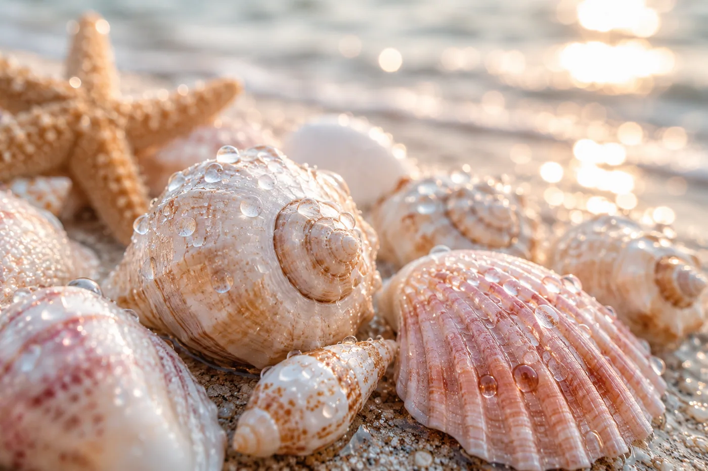 Strandmuscheln liegen am Sandstrand bei einem goldenen Sonnenuntergang – Motiv für Badezimmer als Fototapete