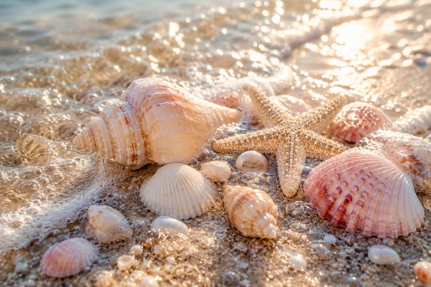 Strandmuscheln und ein Seestern am Strand bei Sonnenuntergang – Motiv für Meer & Küste als Fototapete