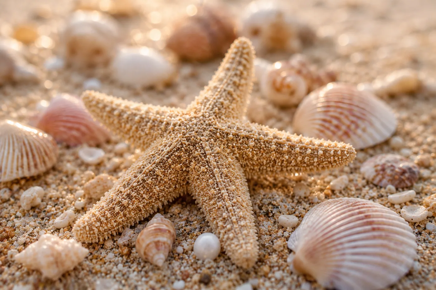 Ein Strandstern liegt auf einem Sandstrand, umgeben von verschiedenen Muscheln – Motiv für Badezimmer als Fototapete