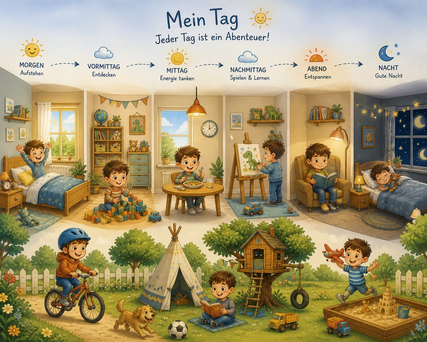 Ein Tag im Kinderzimmer mit verschiedenen Aktivitäten von Morgen bis Nacht – Motiv für Kinderwelten als Fototapete