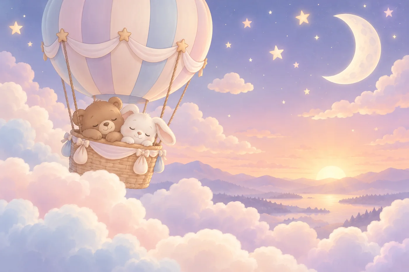 Teddybären im pastellfarbenen Heißluftballon schweben über Wolken unter Mond und Sternen