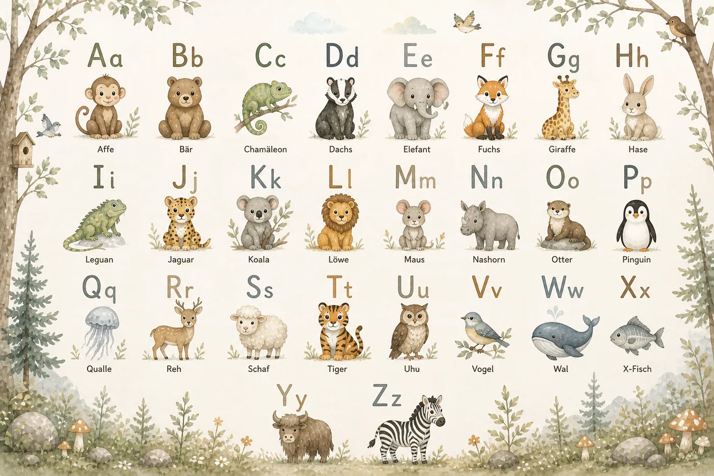 Bunte Tieralphabet-Fototapete im Wald mit Tieren und Buchstaben – Motiv für Kinderwelten als Fototapete