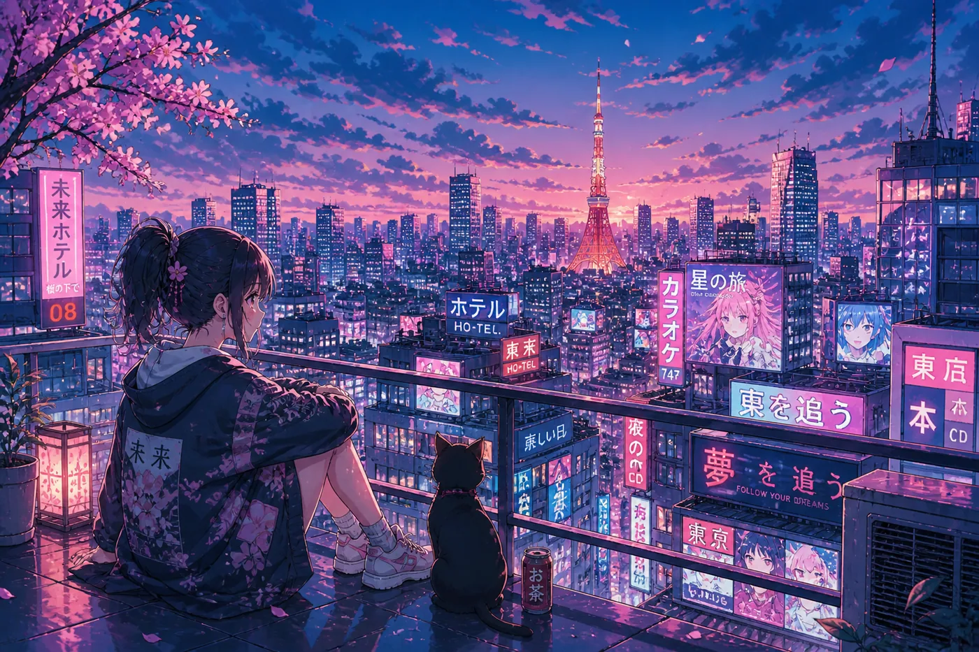 Zwei Personen sitzen auf einem Balkon und genießen die Aussicht auf die beleuchtete Skyline von Tokyo bei Nacht, umgeben von Kirschblüten und leuchtenden Werbetafeln – Motiv für Asien & Zen als Fototapete