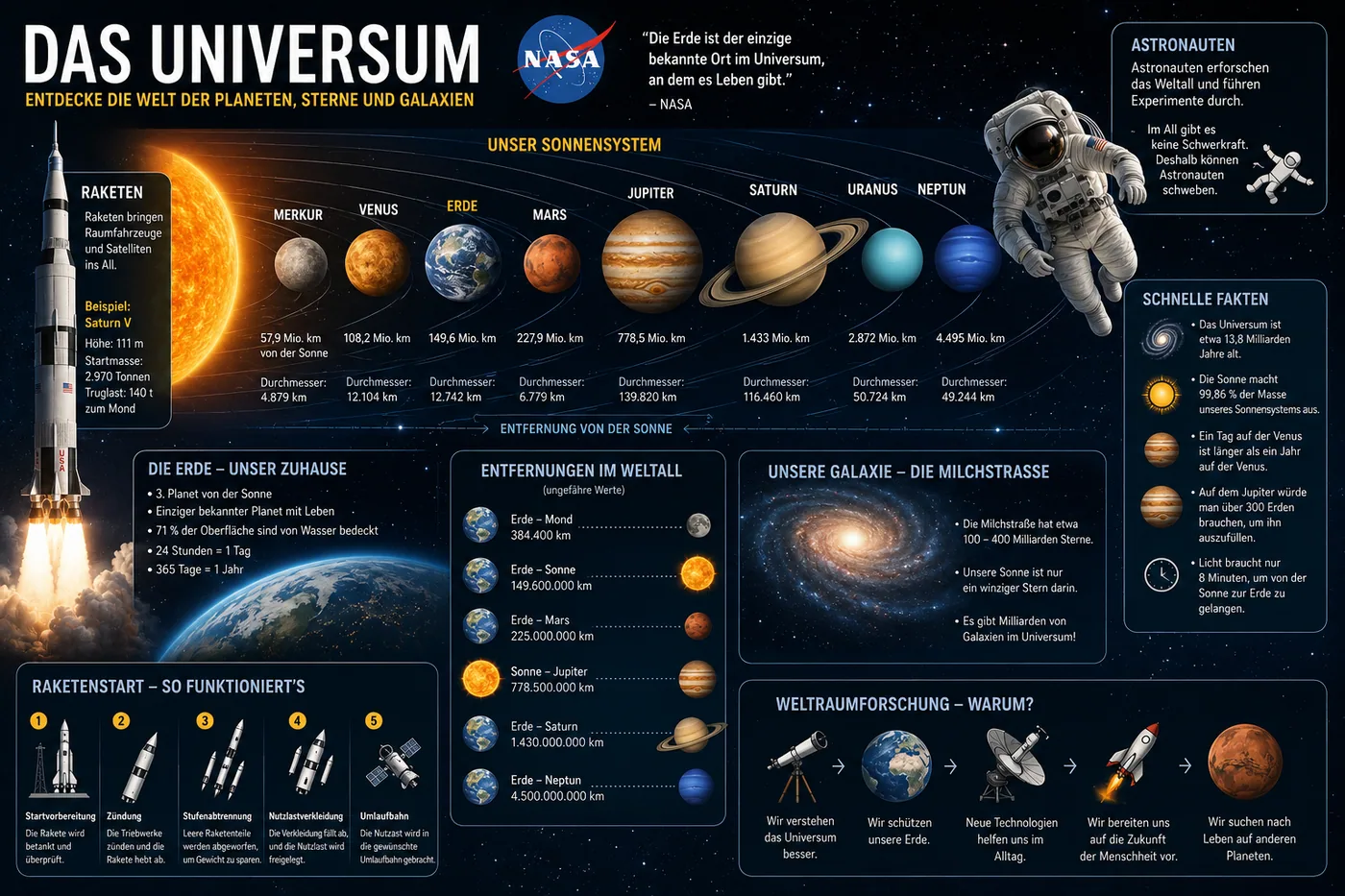 Ein informativer Katalog mit Informationen über das Universum, den Sonnensystem und Weltraumforschung