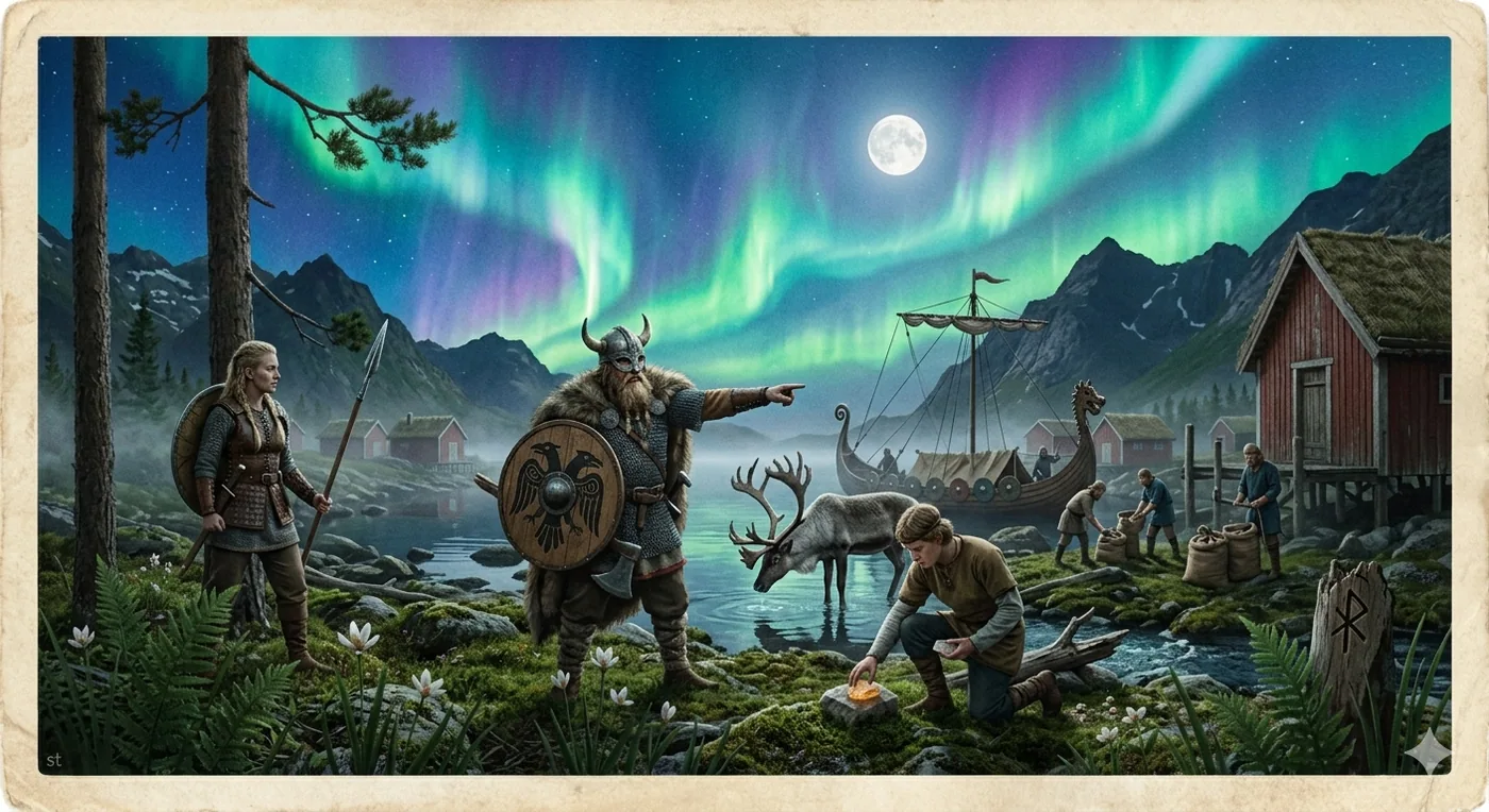 Vikings am Abend bei der Nordlichter – Motiv für Skandinavischer Stil als Fototapete