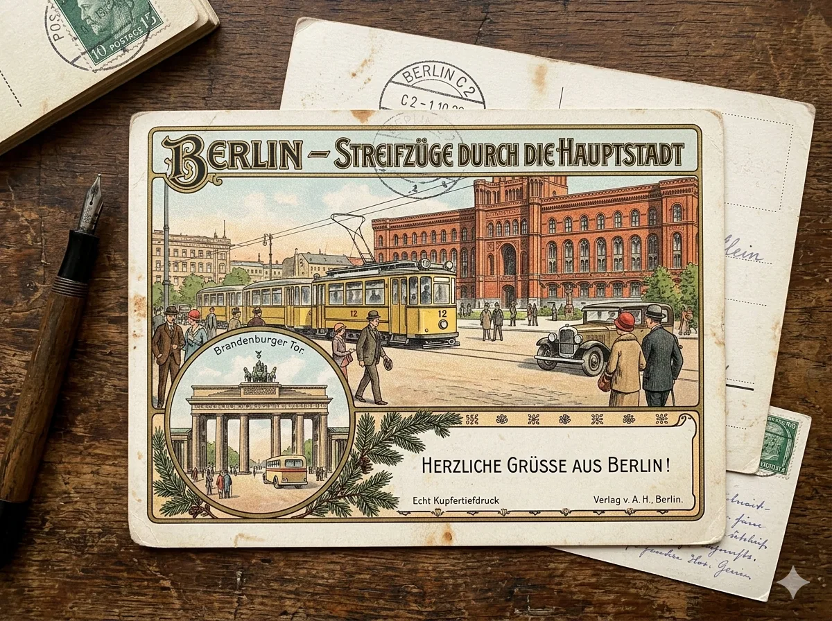 Vintage Postkarte mit Berlin-Szene und Brandenburger Tor – Motiv für Deutschland & Europa als Fototapete
