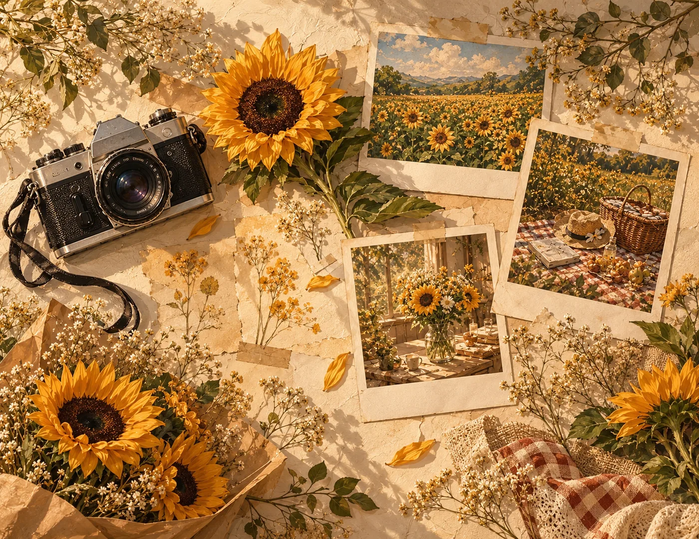 Eine Collage zeigt eine Retro-Kamera, Sonnenblumen, Sofortbilder und getrocknete Blumen im Vintage-Stil.