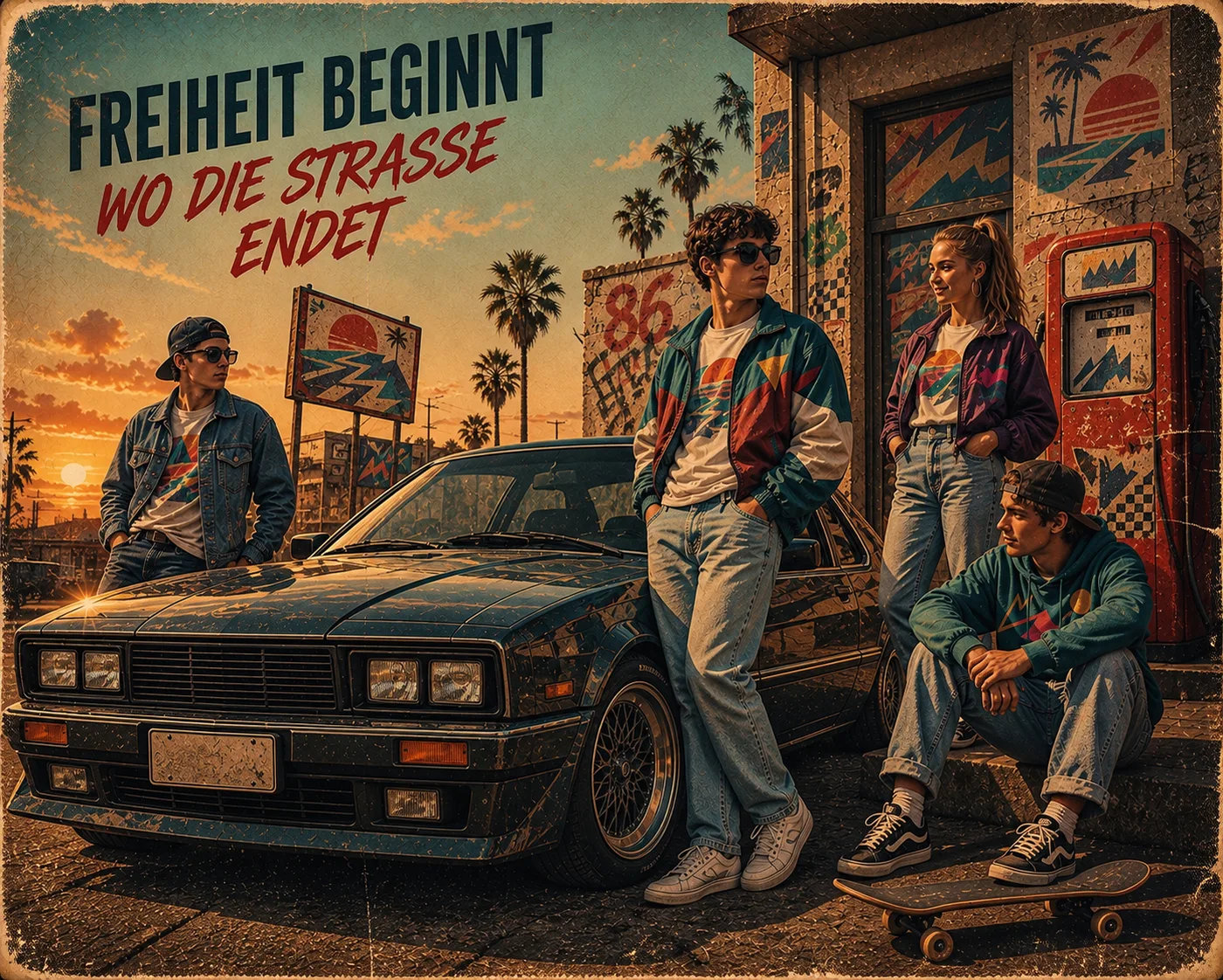Vintage-Bild mit schwarzem Coupé und Skateboardern vor einer Tankstelle – Motiv für Technik & Innovation als Fototapete