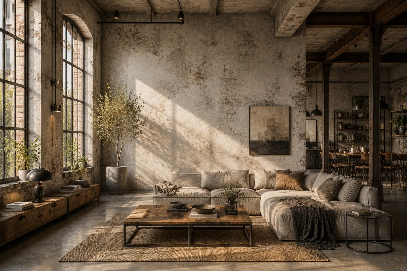 Vintage Industrie Wohnzimmer mit großer Couch und Holzverkleidung – Motiv für Loft & Industrial Style als Fototapete