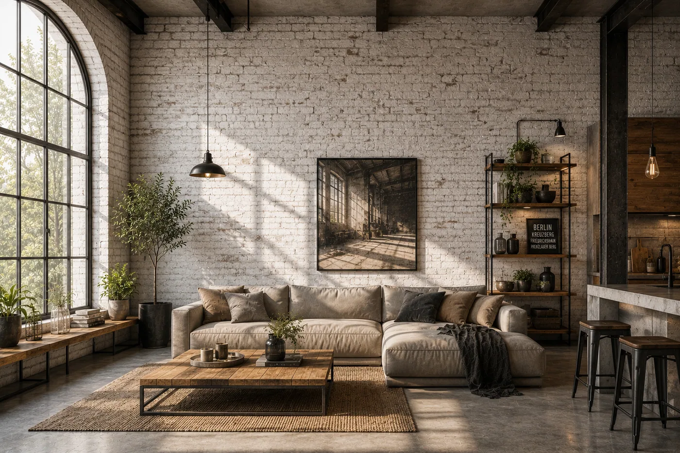 Ein stilvolles Vintage-Industriezimmer mit Holz- und Steinwänden, einem großen Fenster, einem beigen Sofa und einem Holztisch – Motiv für Loft & Industrial Style als Fototapete