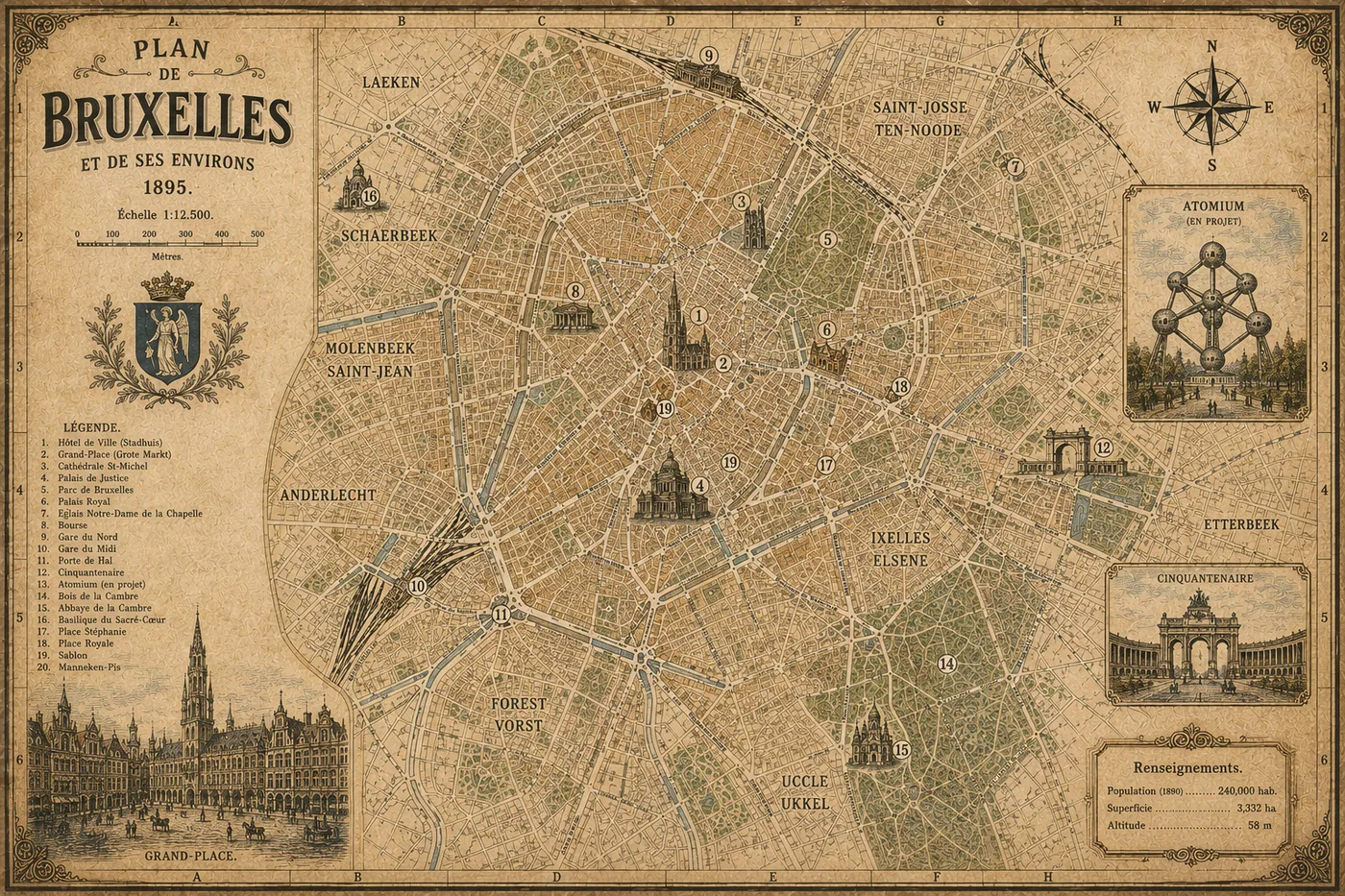 Vintage-Karte von Brüssel aus dem Jahr 1893 – Motiv für Texturen & Materialien als Fototapete