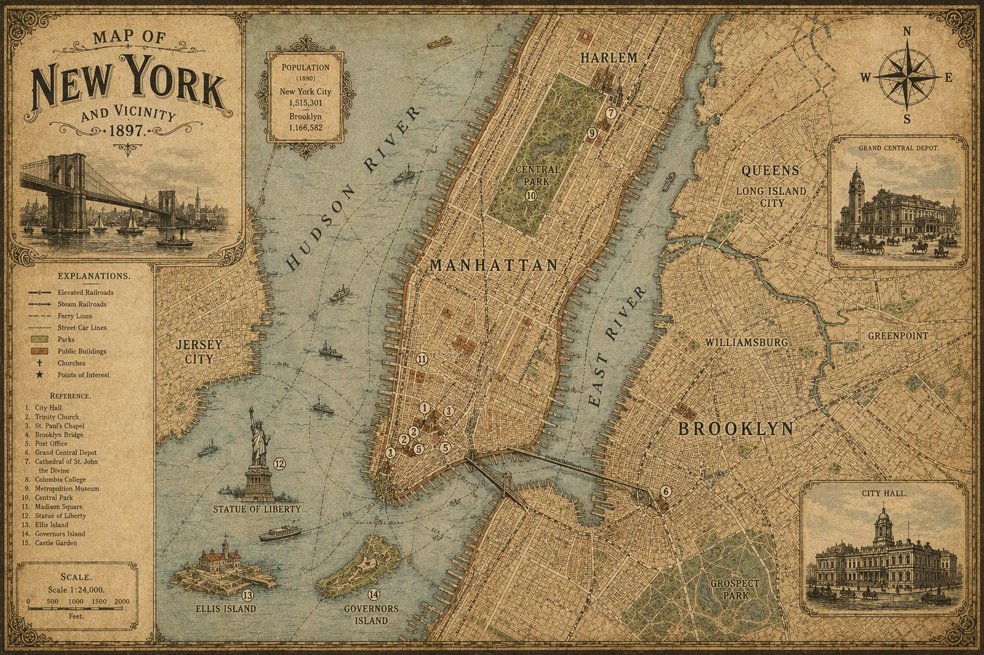 Historische Karte von New York und Umgebung aus dem Jahr 1897 – Motiv für Texturen & Materialien als Fototapete