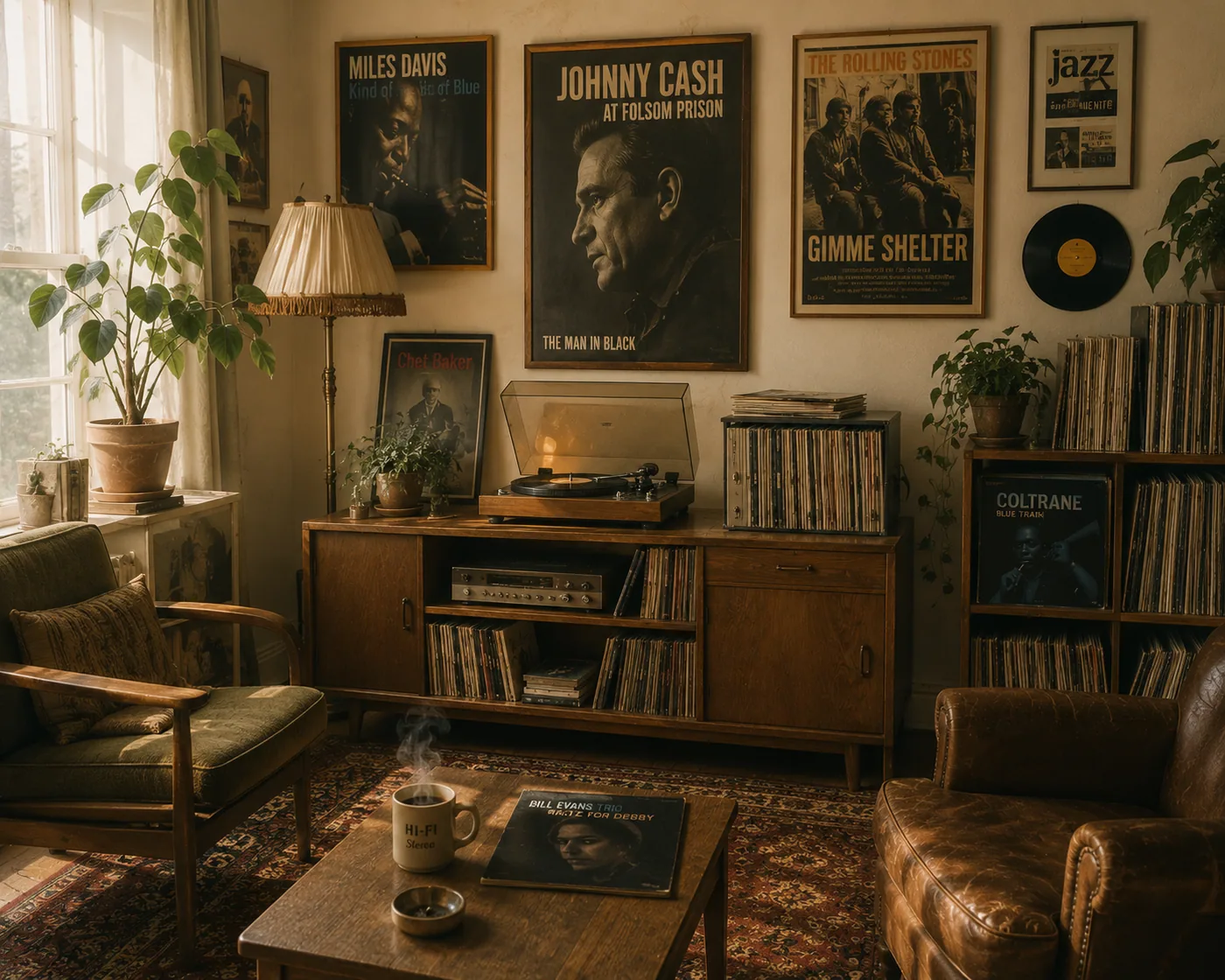 Ein stilvolles Vintage-Musikzimmer mit Johnny Cash-Poster und Vinyl-Sammlung – Motiv für Teenager & Jugendzimmer als Fototapete