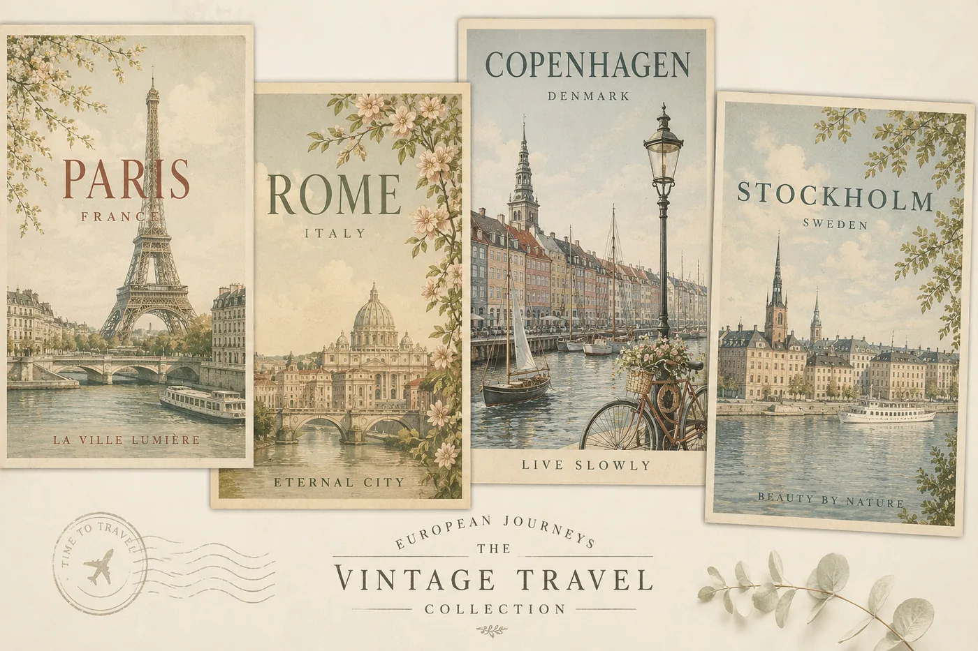 Vintage Reise durch Europa: Paris, Rom, Kopenhagen, Stockholm – Motiv für Büro & Praxis als Fototapete