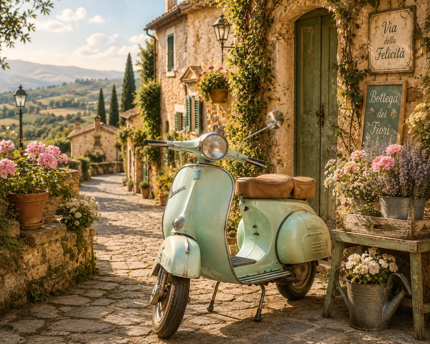 Ein altes Vespa-Scooter steht vor einem alten Haus in Toskana, umgeben von Blumen und Pflanzen – Motiv für Vintage & Retro als Fototapete
